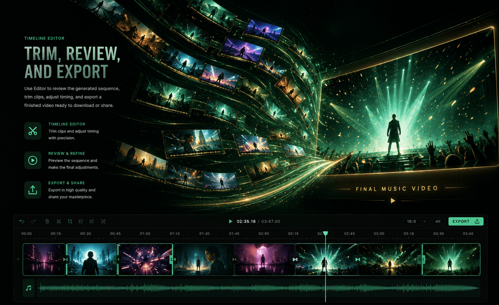 HayNo AI Music Video Generator feature: Trim, Review, And Export The Final Music Video.